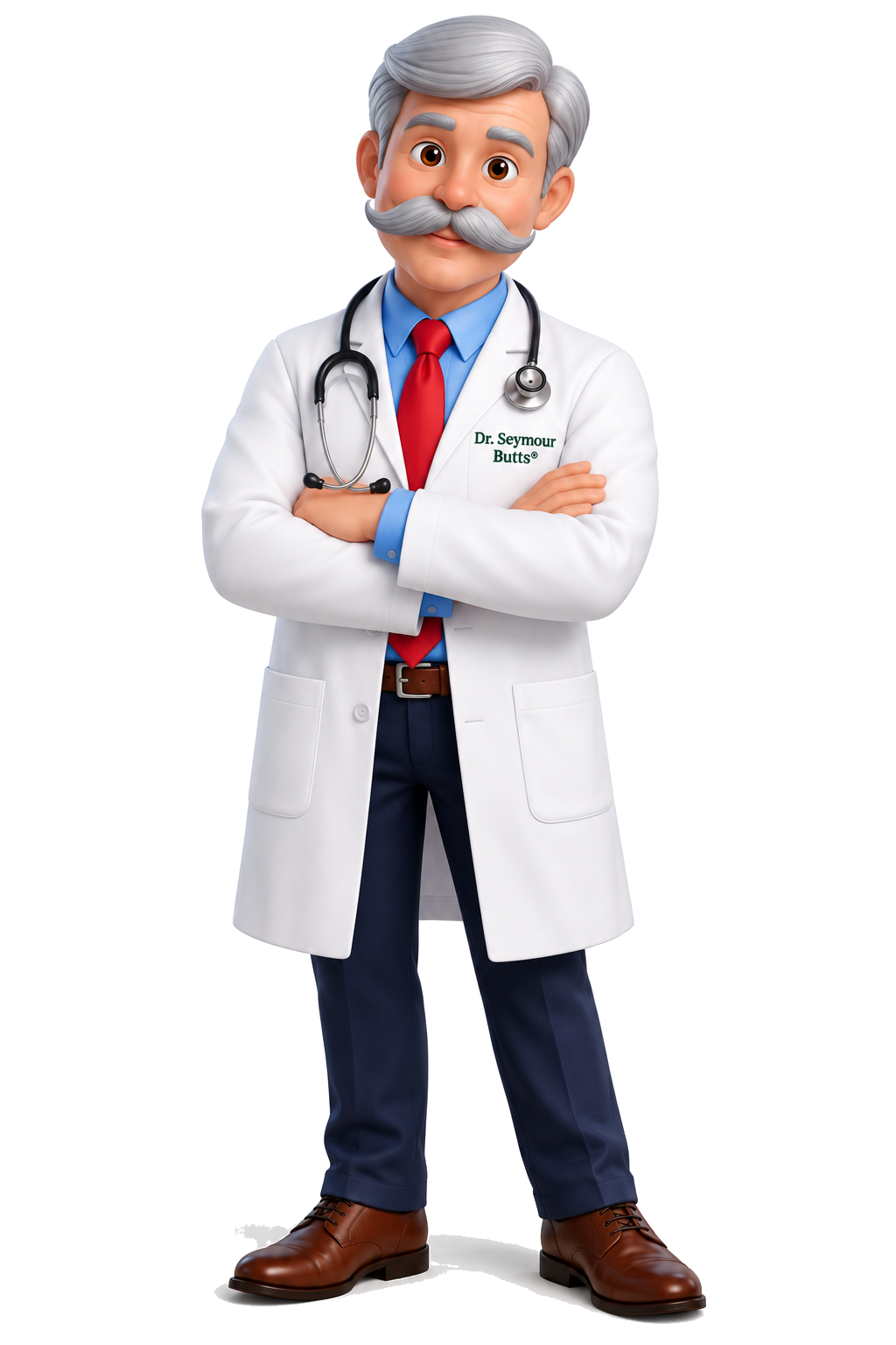 Dr. Seymour Butts character standing with arms crossed